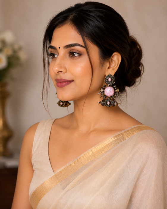 Antique Gold Pink Stone Statement Earrings