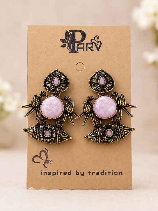 Antique Gold Lavender Stone Statement Earrings