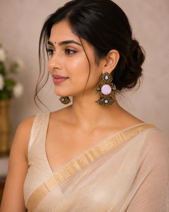 Antique Gold Lavender Stone Statement Earrings
