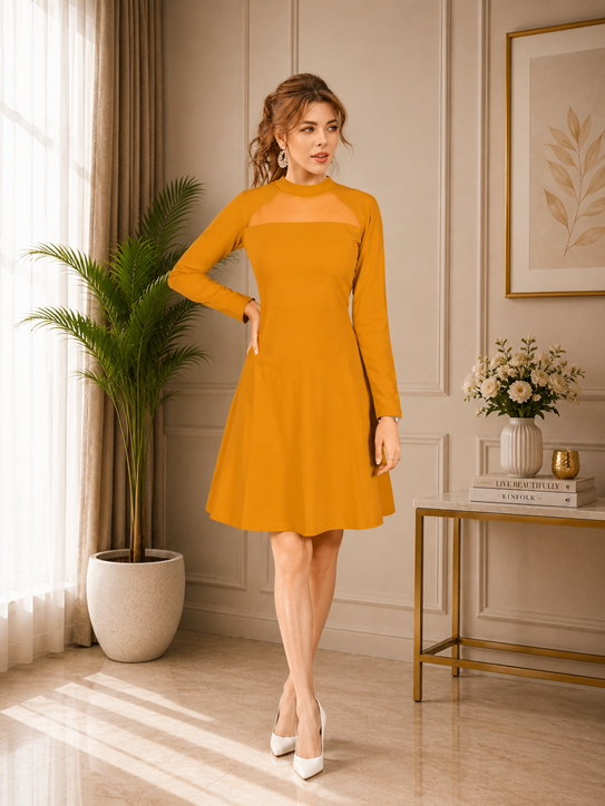 Women's Knitting stretchable Solid Round Neck Full Sleeve Dress (Yellow) BSB71NYYYP_D_585_Ylw_L