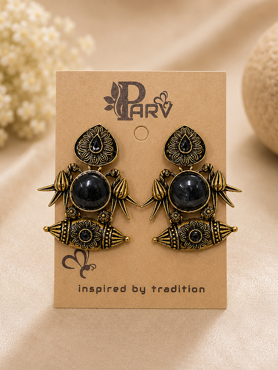 Antique Gold Black Stone Statement Earrings