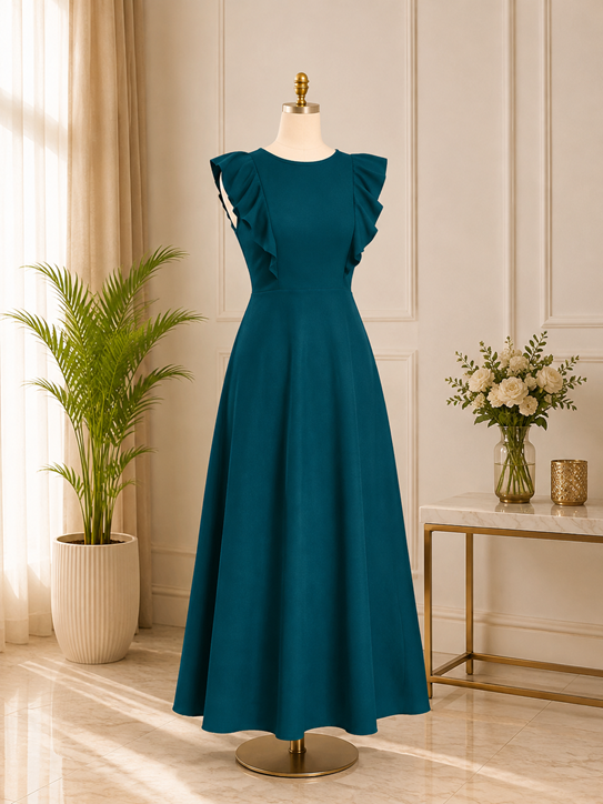 Women's Knitting stretchable Solid Round Neck Ruffled Sleeve Dress (Morpich) BSB71NYYYP_D_1499_Mrpch_L