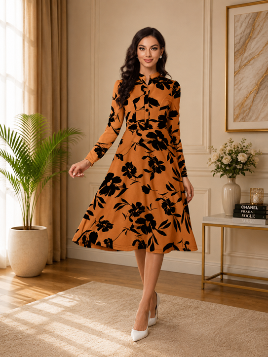 Women's Knitting Printed V-Neck Full Sleeve Dress (Orange)        BSB71NYYYrz_Prs_1576_Org_L