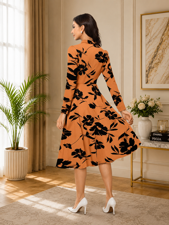 Women's Knitting Printed V-Neck Full Sleeve Dress (Orange)        BSB71NYYYrz_Prs_1576_Org_L